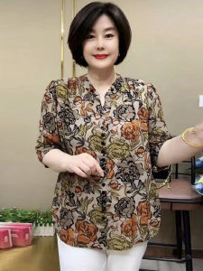 Floral Print Loose Fit Half Sleeve Summer Shirt for Elderly Women Button Up V-Neck T-Shirt Pullover with Other Materials