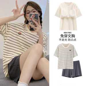 ชุดนอนพร้อมแผ่นรองหน้าอกสำหรับผู้หญิงชุดกันโป๊แขนสั้นผ้าฝ้ายแท้ใส่ช่วงฤดูร้อนสำหรับนักเรียนต้นอายุ10-15ปีชุดใส่ในบ้าน