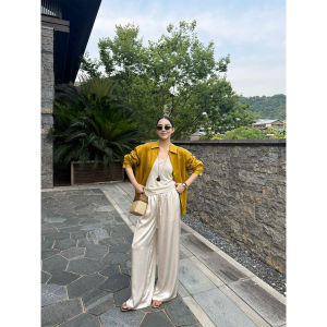 ZhouMiao White Wide Leg Pants Glossy Silk Casual Womens Water Light Pants High Waist Straight Cut Summer Thin Polyester