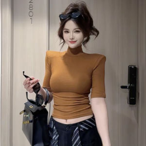 Áo Thun Cổ Cao Ôm Vừa Vặn Thời Trang Thường Ngày Màu Trơn Cho Nữ Mùa Thu 2025 Áo Thun Dài Tay Ngắn Cổ Tròn Tay Dài