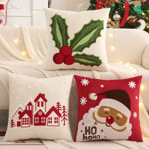Embroidery Throw Pillow Cover Christmas Decoration Velvet Soft Santa Claus Flowers Winter Farmhouse Home Sofa Living Room