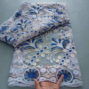 สีฟ้าแอฟริกันลูกไม้ผ้าตาข่ายคุณภาพสูง 2025 ลูกไม้Tulleผ้าเลื่อมภาษาฝรั่งเศสคําหรูหราชุดเจ้าสาวเย็บปักถักร้อย 5 หลาวัสดุสุทธิ