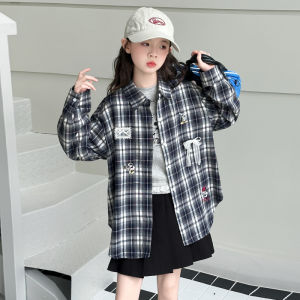 MPW | Girls Casual Shirt Embroidered Flannel Plaid Two-Piece Set Autumn Fashionable Childrens Clothing Long Sleeve Polo Collar Button