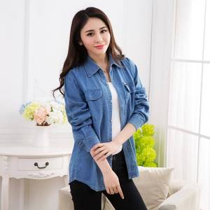 Spring Washed Pure Cotton Long Sleeve Womens Denim Shirt Thin Loose Fit Large Size Workwear Casual Straight Cut Style