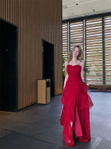 French Style Beautiful Slimming Red Dress with Lace Trim Waist Cinched Womens Summer Spring off Shoulder One Piece Dress