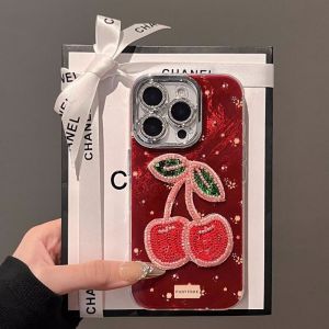 Case For iPhone 16 Pro Max 15ProMax 13 14 12 11Promax Hard Case With Film Shining Protection Ring - Warm Red Sparkling Cherry Decoration New Year 2025