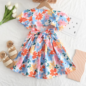Melario | Girls Dresses 2023 Summer New Baby Girls Colourful Floral Short-sleeved Dresses 3-7 Years Old Girls Clothing