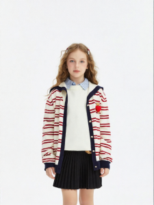 Childrens Striped Navy Collar Long Sleeve Cardigan