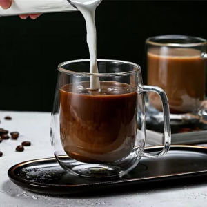 แก้วกาแฟสองชั้นทนความร้อนพร้อมหูจับ แก้วใสเก็บความร้อนสำหรับเครื่องดื่มเย็น/ร้อน อเมริกาโน/ลาเต้