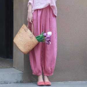 ฤดูใบไม้ผลิฤดูร้อน 2024 ผู้หญิงHempผสมผ้าฝ้ายกางเกงPetiteขนาดหลวมFitสีชมพูSlimmingข้อเท้า-ความยาวเสื้อผ้าทํางาน