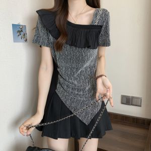 Áo Thun Nữ Tay Ngắn Cổ Vuông Không Đều Mùa Hè Cỡ Lớn Che Bụng Thon Gọn Thời Trang Áo Phông Thường Ngày Chất Liệu Cotton