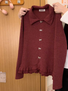 Slim Fit Knitted Long Sleeve Polo Neck Top for Women Elegant Style Butterfly Knot Button Lace Detail Korean Version Polyester Fiber