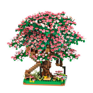 Mini Sakura Tree House Building Blocks With Lights Peach Flower Assembly City Street View Bricks Kids Toys Girls Christmas Gifts