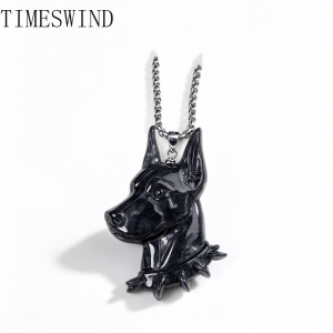 TIMESWIND Original Natural A-type Jade Doberman Black Dog Pendant Titanium Steel Women Men Guardian Necklace with Certificate