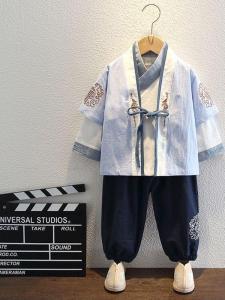 Boys Hanfu Costume Cotton Linen Performance Suit Three-Piece Set Book Boy Traditional Chinese Clothing Spring Autumn New Arrival