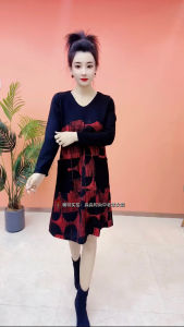 ผู้หญิง Midi ลายดอก เดรส หลวม คอวีแขนยาวพอดี ทรงเอ ชั้นฐาน ฤดูใบไม้ร่วง ฤดูหนาว แม่สไตล์ใหม่ เดรส