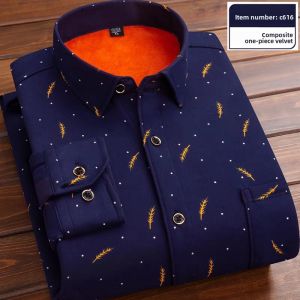 2024 Winter Heattech Shirt Fleece-lined Thickened Men Long Sleeves Gingham Middle-Aged and Elderly plus Size Dad Shirt