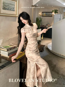 Elegant New Chinese Style Long Skirt with Waist Cinching Buttoned Collar Qipao in Soft Pastel Colors for Daily Wear Polyester Fiber