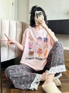 Summer Floral Cotton Pajamas Womens Short Sleeve Home Clothes Sweet Cute Cool Feeling Two-Piece Set round Neck Overhead Style
