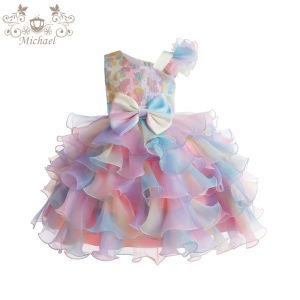 Girls Rainbow Skirt Dress Puffy Princess Style Dance Christmas Butterfly Knot High End Childrens Dress Cake Skirt Four Seasons