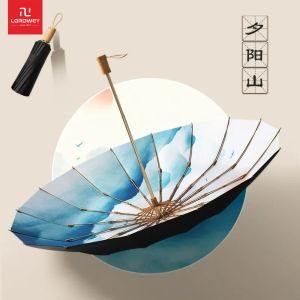 LORDWEY Strong Wind Girl Sunshade Umbrella 3 Folding 16K Handcrafted Large Umbrella Handle in Ink-wash Painting Style