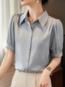 NVSHENJI | Silk Shirt Womens Short Sleeve Pure Color Brand Hangzhou Mulberry Silk Top Korean Style Straight Cut Button Detail Polo Neck