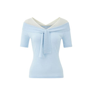 La lune Du ciel | Áo Thun Ôm Body Asymmetric Off-Shoulder Nơ MESH và Knit
