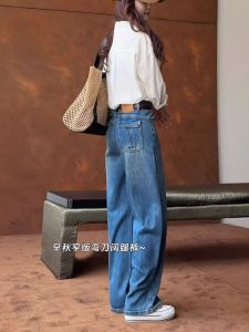 กางเกงยีนส์ทรงเอวสูง ทรงสลิมฟิต สีน้ำเงิน กางเกงขายาวทรงหลวมสำหรับผู้หญิง ฤดูใบไม้ร่วงปี 2025 กางเกงยีนส์ทรงสลิมฟิตสำหรับผู้หญิง