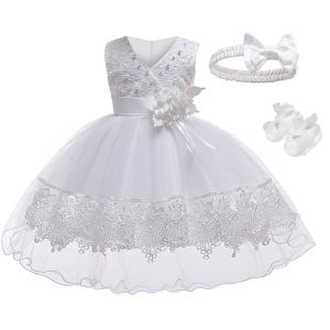 ชุดเดรสพิธีล้างบาปเด็กหญิง0-24ม.ชุดเดรสเด็กแรกเกิดหวานแต่งลูกไม้ชุดเจ้าหญิงลูกปัดสดใสพร้อมที่คาดผม + รองเท้า