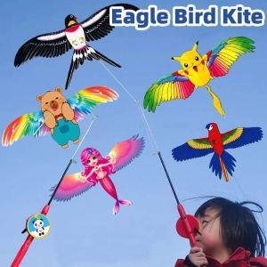 Kite Toys Cartoon Eagle Bird Kite Toys for Kids with String Fishing Rod Handheld Dynamic Fishing Rod