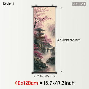 VIKAMA Oriental Cherry Blossom Landscape Scroll Tapestry Vintage Waterfall and Pavilion Wall Art Wall-Hung Home Decor