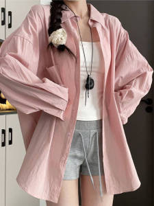 Slimming Pure Cotton Long Sleeve Shirt Womens Loose Fit Base Layer Shirt Trendy Outerwear Cute Style Button Detail Polo Neck