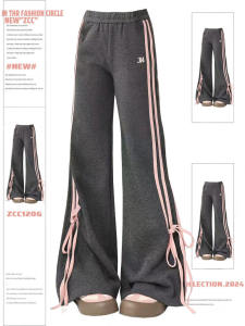 Plus Size American Retro Stripes Bows Lace-up Casual Pants Womens Summer High Waist Easiest for Match Sports Slightly Flared Sweatpants