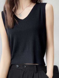plus Size V-Neck Ice Silk Strap Vest Women Summer Loose Short Knitted Base Suit Inner Loose Sleeveless Top Commute Style