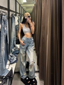 Quần Jeans Denim Ống Thẳng Lưới Cao Cấp Cho Nữ Cao 175 Cm Quần Ống Rộng Dài Đến Sàn Có Lỗ Xẻ Quần Jeans Denim Mùa Hè