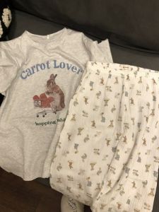 Cute Bunny Print Short Sleeve Pajamas Womens Summer New Cotton Pajama Pants Home Wear Casual Pants Suit Outwear