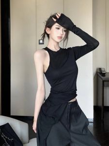 Áo Thun Dệt Kim Hai Lớp Thoải Mái Cho Nữ Mùa Xuân Thu Dài Tay Cổ Tròn Màu Trơn Không Tay Áo Khoác Ngoài Thường Ngày