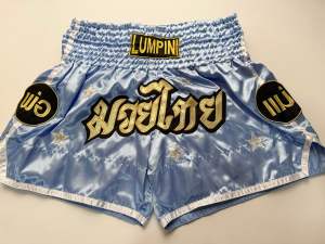 Ram Lumpini Satin Muay Thai Fight Shorts Light Blue with Stars Design XXL