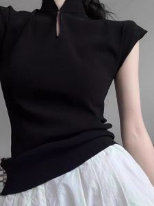 New Chinese Style Womens T-Shirt 2024 Summer Black Half High Collar Hollow out Design Short Sleeve Traditional Embroidery Top