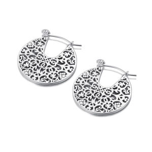 Lokaer Vintage Round Hollow Geometric Pattern Hoop Earrings Gold Color Stainless Steel Texture Ethnic Jewelry For Women E23231
