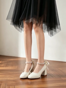 Womens Mary Jane Square Toe Fairy High Heels Vintage Pumps with Pearls Ribbon & Bowknot Decor