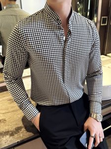 Houndstooth Stand Collar Shirt Men Long Sleeves Classy Silm K-style Business Casual Handsome Non-Ironing round Neck Shirt Coat