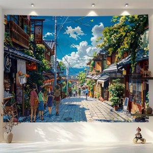 VIKAMA Summer Clear Sky Japanese Old Street Anime Landscape Tapestry Wall Art for Bedroom Living Room Decoration Healing and