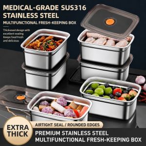 Fridge Storage Box 316 Stainless Steel Food Storage Containers Food Grade Leakproof Kitchen Organizer Freshness Locking With Lid