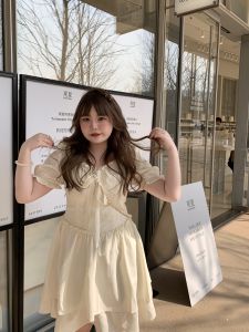 Sweet Almond Color Plus Size Womens Dress Summer New Arrival Bubble Sleeves Waist Inched Short Skirt Trendy Fashion