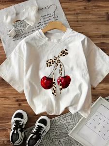 Leopard Bow Cherry Print T-Shirt Retro Y2K Fruit Graphic Tee Women’s Casual Crew Neck Short Sleeve Top for Daily Wear
