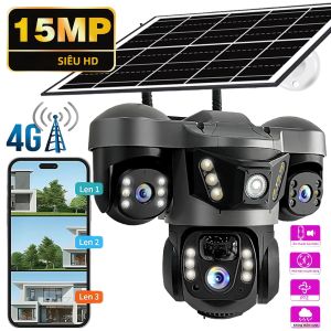 Camera IP 4G Năng Lượng Mặt Trời Ngoài Trời Chống Nước 15MP 3 Ống Kính Với Tính Năng Phát Hiện Chuyển Động PIR Và Tầm Nhìn Ban Đêm Màu Sắc Đầy Đủ V380