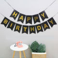 Banner segilima tulisan happy birthday warna hitam emas black gold baner bunting flag spanduk backdrop garland hiasan dekorasi pesta ulang tahun ultah anak party decoration segilima kertas paper balon balloon baloon lateks chrome macaron pastel foil latex. 