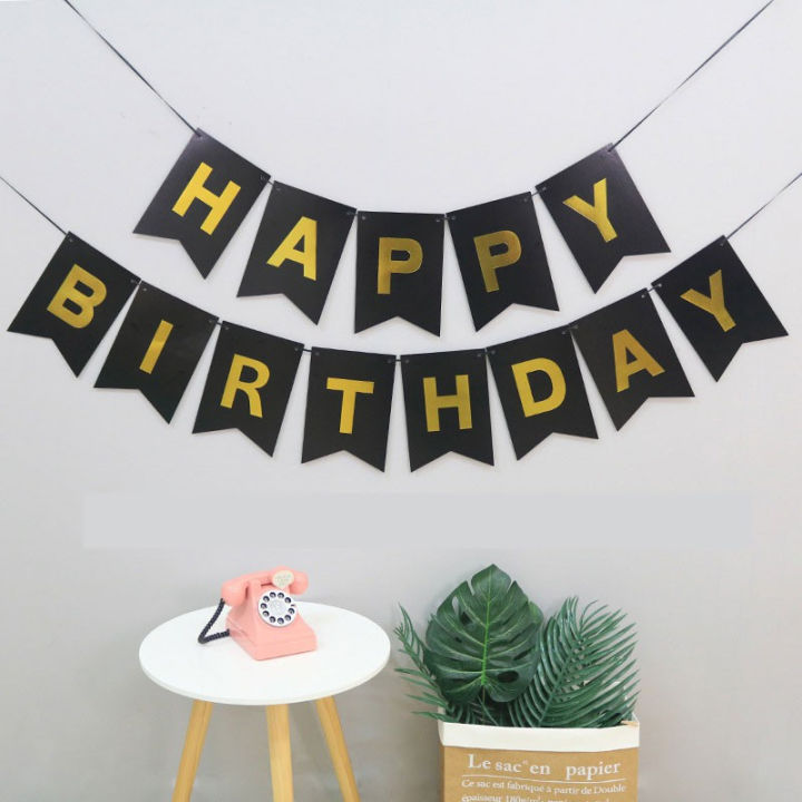 Banner segilima tulisan happy birthday warna hitam emas black gold baner bunting flag spanduk backdrop garland hiasan dekorasi pesta ulang tahun ultah anak party decoration segilima kertas paper balon balloon baloon lateks chrome macaron pastel foil latex