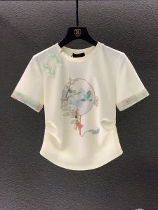 New Chinese Style Short Sleeve T-Shirt Womens Embroidered Belted Slim Fit Summer Fashion Creative Pattern round Neck Top